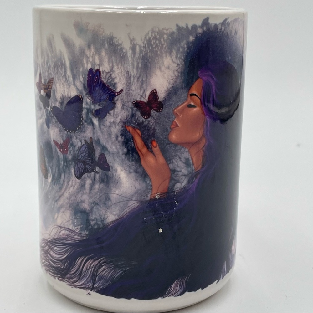 Artist TRACI RABBIT Coffee Mug FLIGHTS OF FANCY Butterflies Native Woman